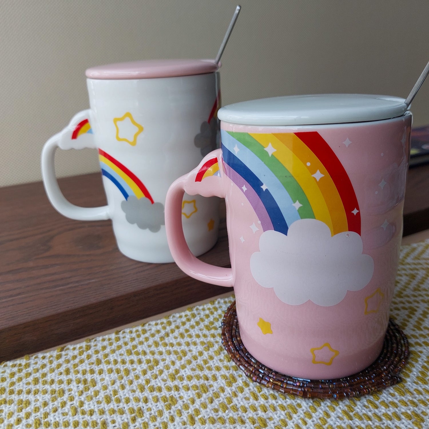 Rainbow Ceramic Mugs With Spoon and Lid