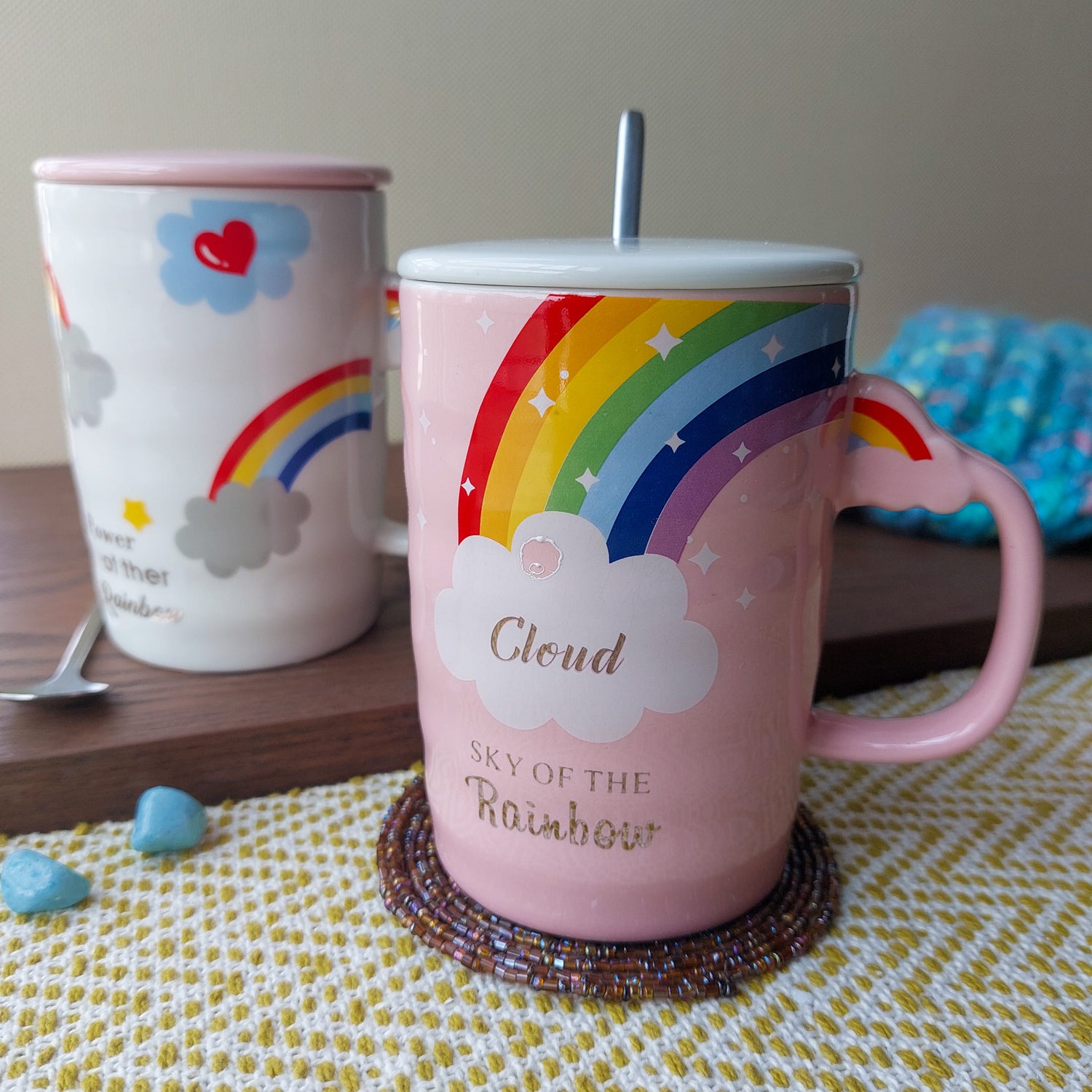 Rainbow Ceramic Mugs With Spoon and Lid