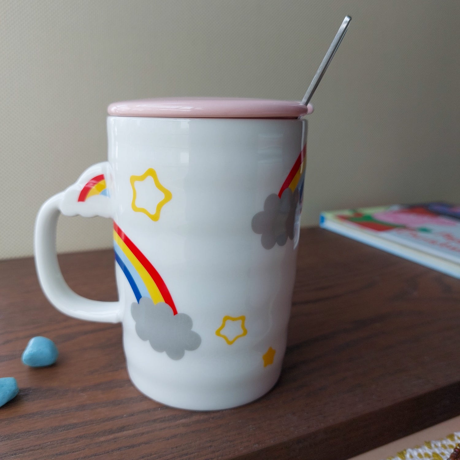 Rainbow Ceramic Mugs With Spoon and Lid