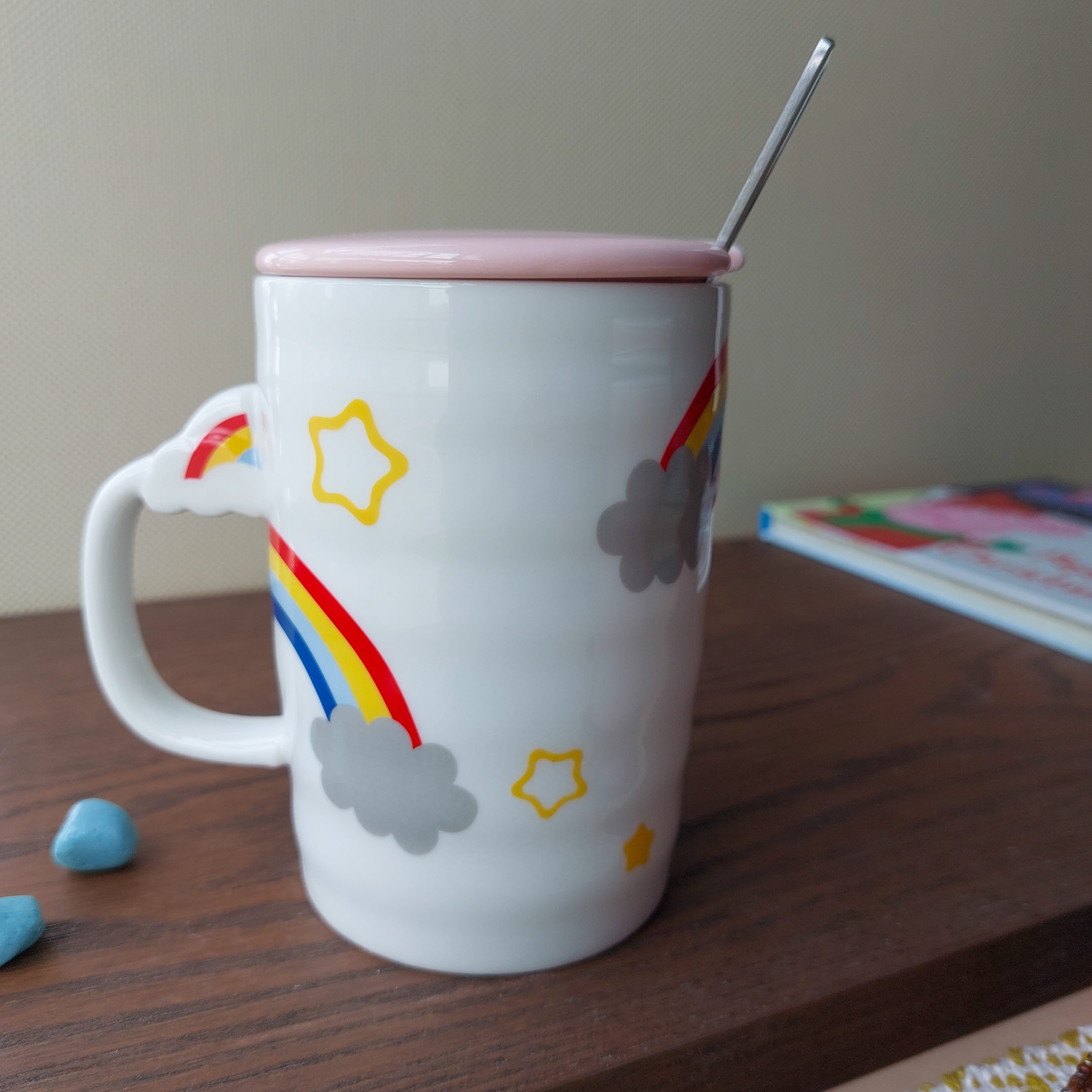 Rainbow Ceramic Mugs With Spoon and Lid
