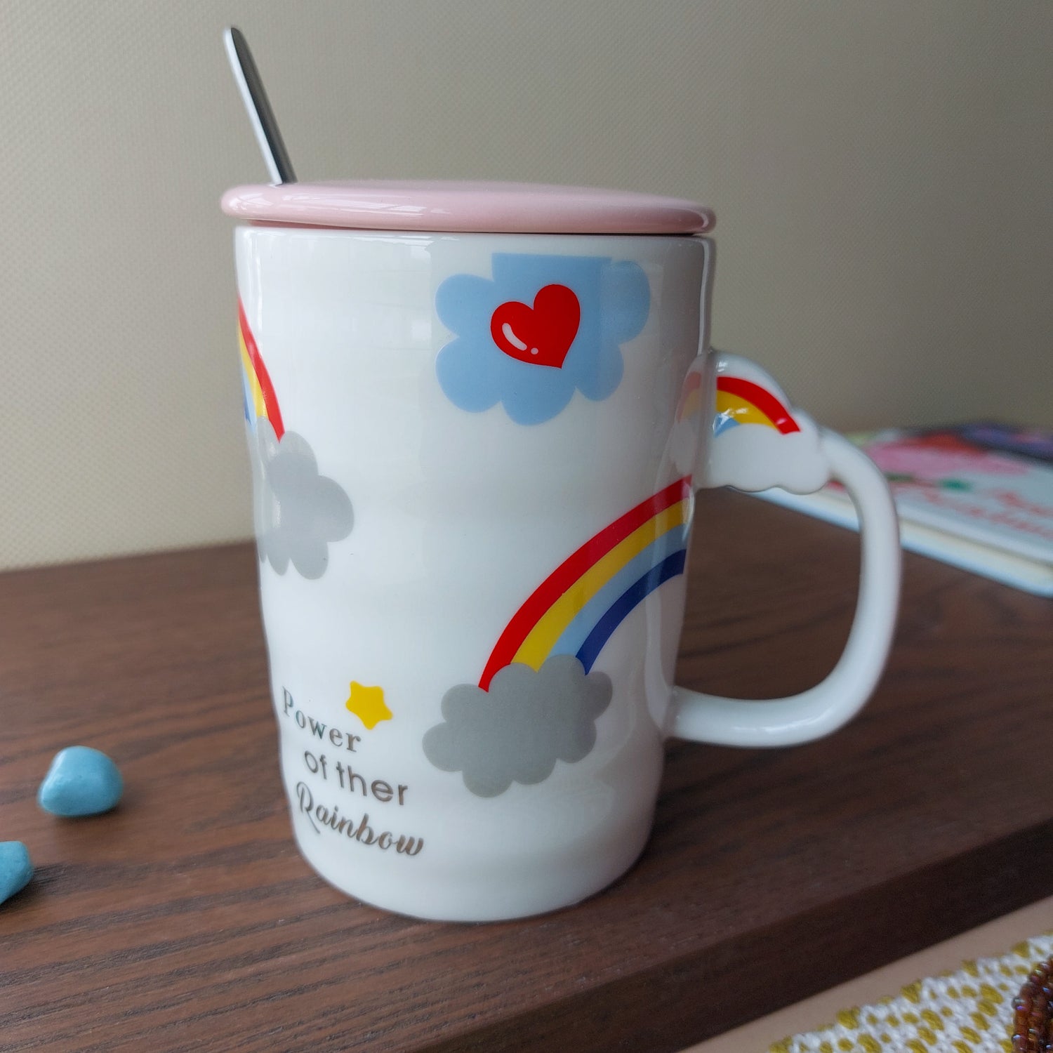 Rainbow Ceramic Mugs With Spoon and Lid