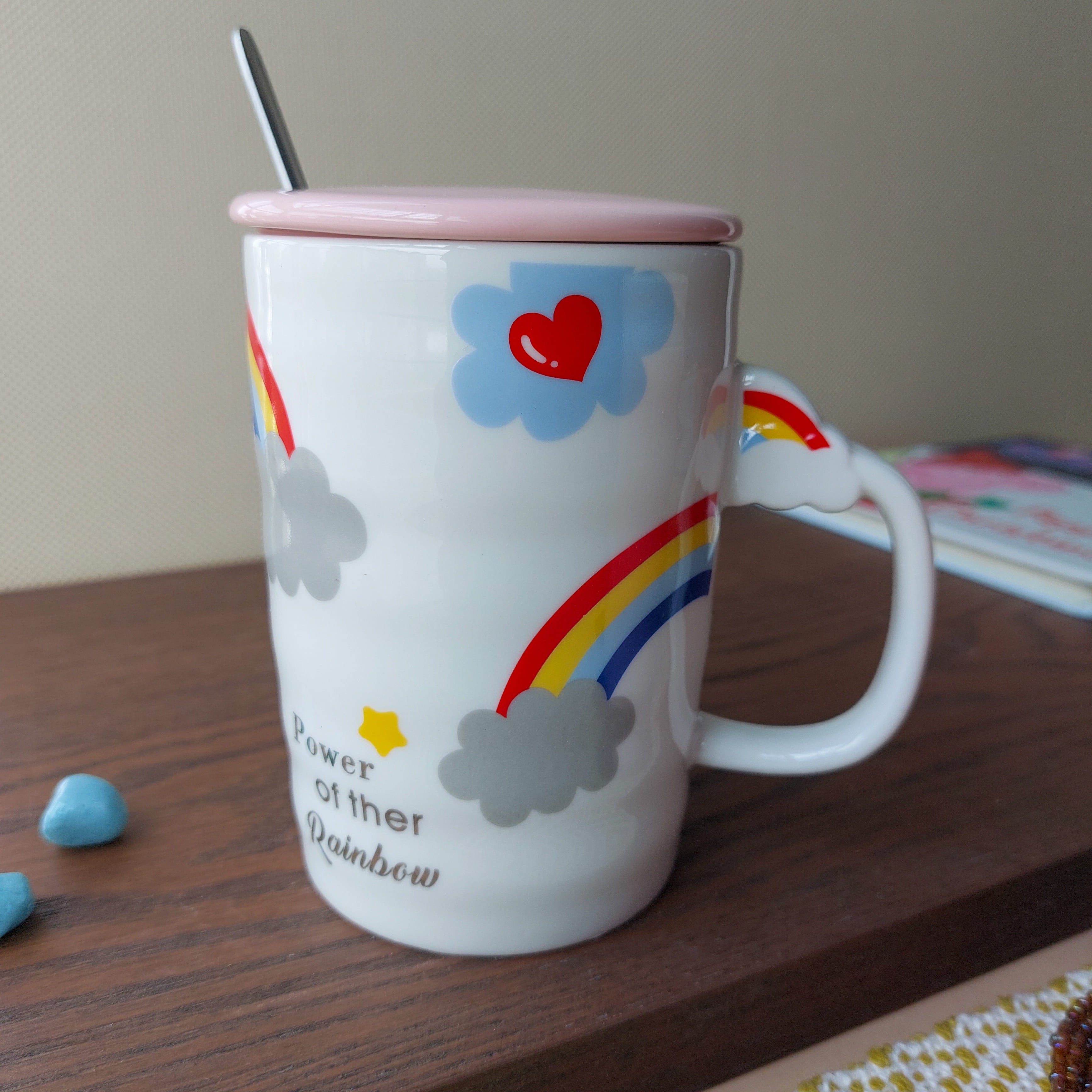 Rainbow Ceramic Mugs With Spoon and Lid