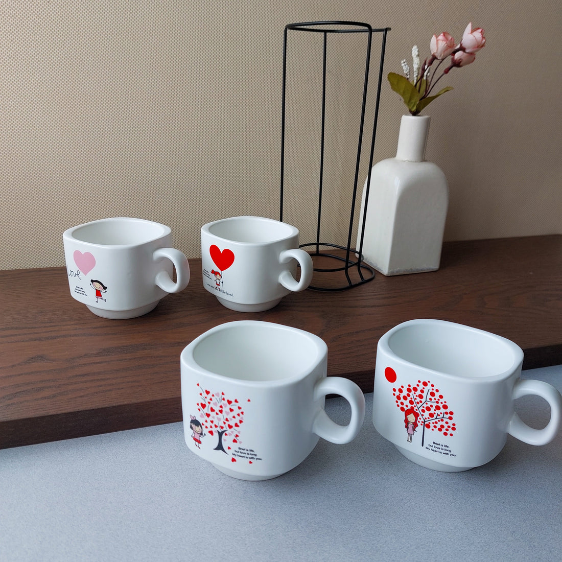 Love Messages Ceramic Mugs With Tower Stand (4 pcs set)