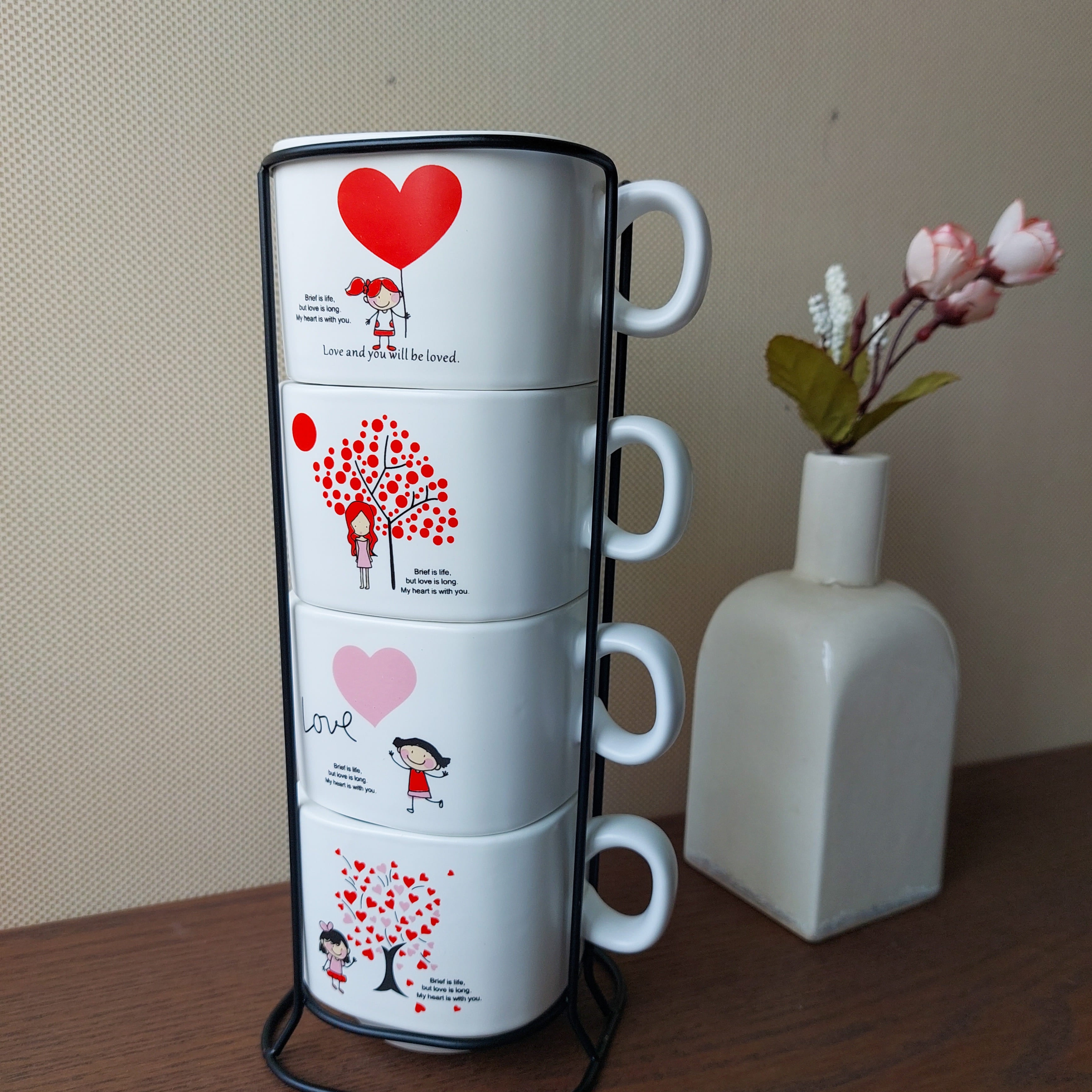 Love Messages Ceramic Mugs With Tower Stand (4 pcs set)