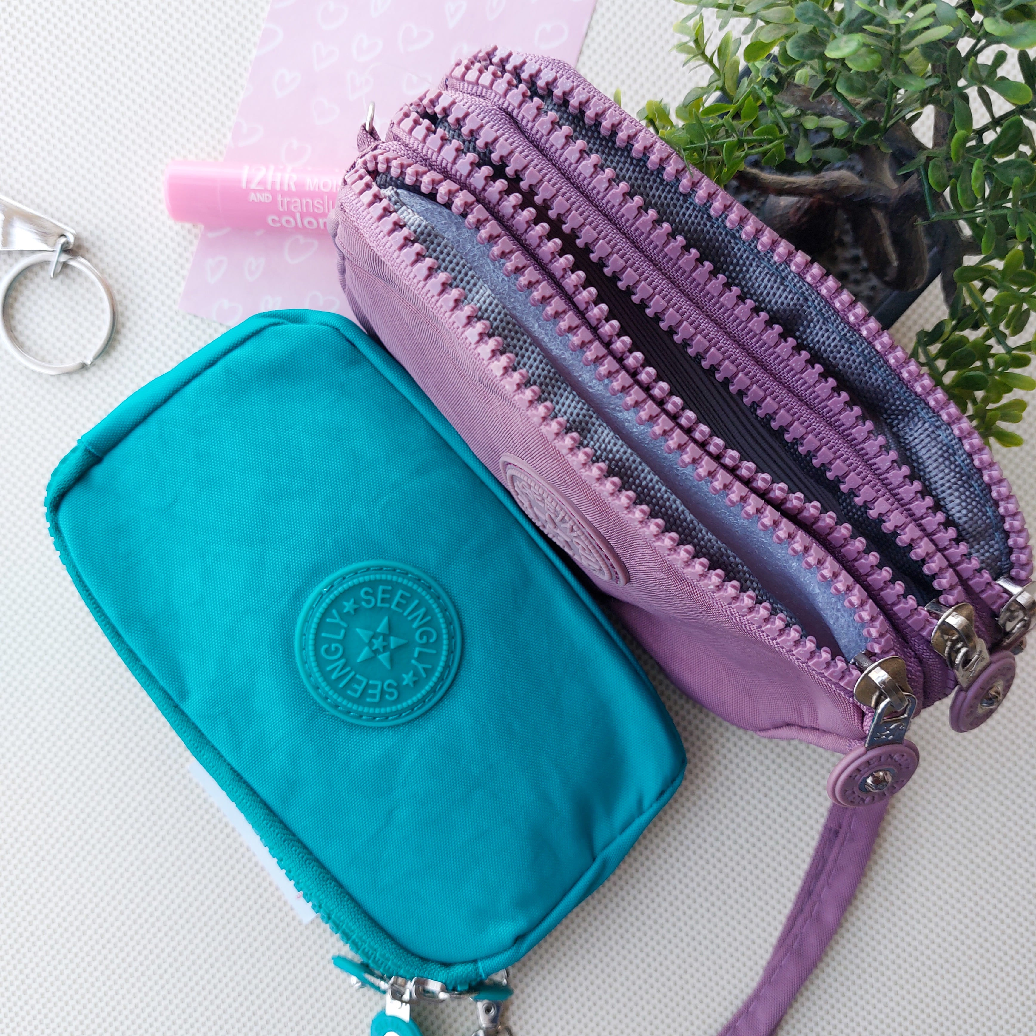 Seeingly Big Pouches Mauve and Teal 3 Zips
