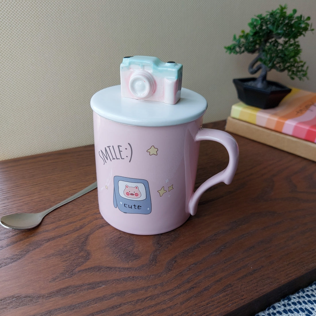 Camera Ceramic Mugs With Lid and Spoon