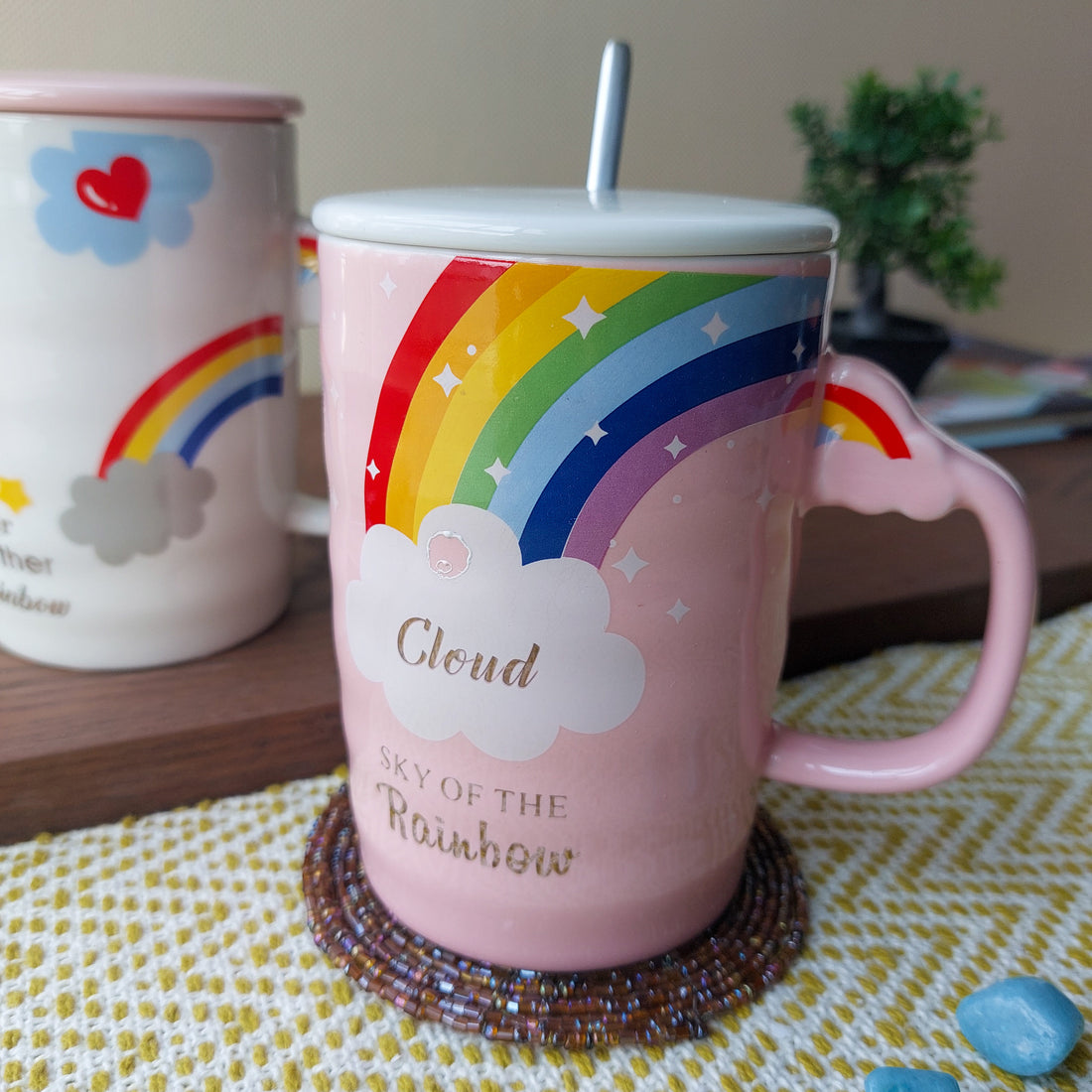 Rainbow Ceramic Mugs With Spoon and Lid