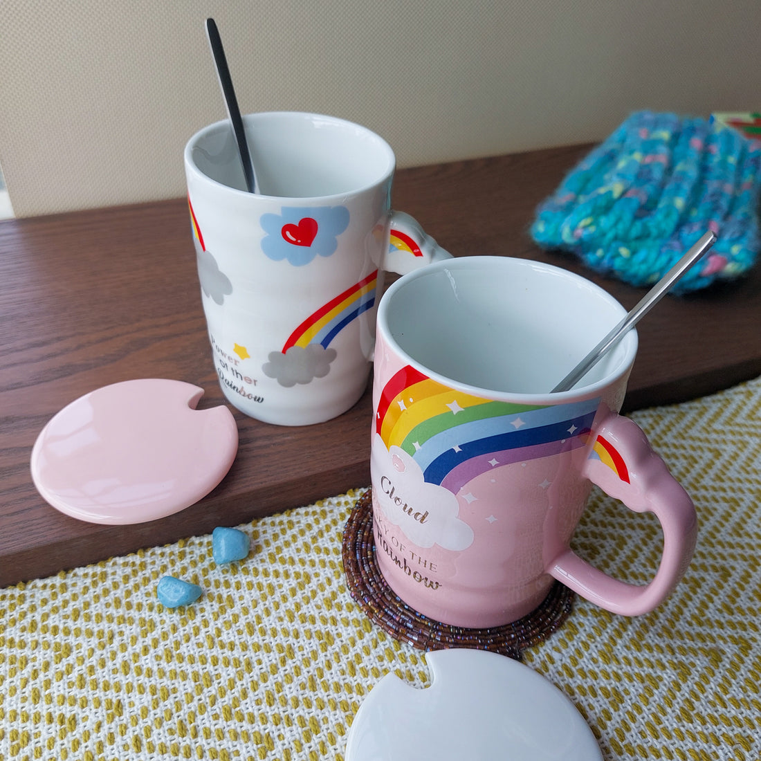 Rainbow Ceramic Mugs With Spoon and Lid