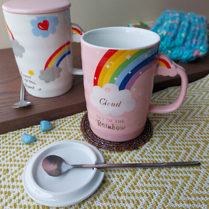 Rainbow Ceramic Mugs With Spoon and Lid