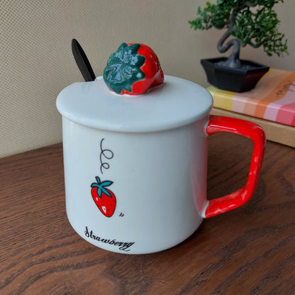 Strawberry Ceramic Mugs With Lid and Spoon
